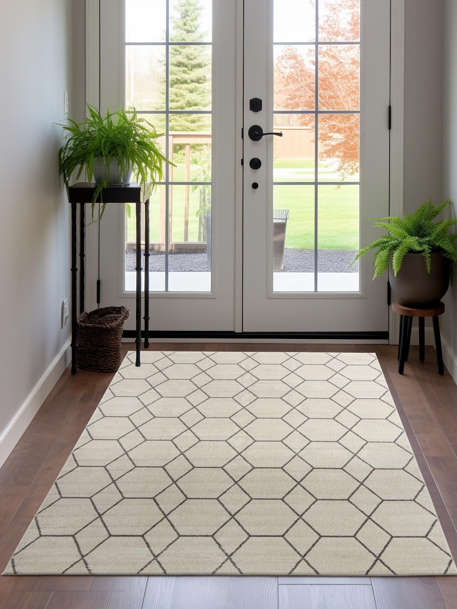 Ivory 7' 10 x 10' Trellis Frieze Rectangle Area Rug Geometric Modern Unique Stain Resistant Easy Clean Carpet for Living, Dining, Bedrooms, Office for Sale at Rug Engine