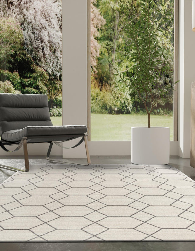 Ivory 6' 1 x 9' Trellis Frieze Rectangle Area Rug Geometric Modern Unique Stain Resistant Easy Clean Carpet for Living, Dining, Bedrooms, Office for Sale at Rug Engine