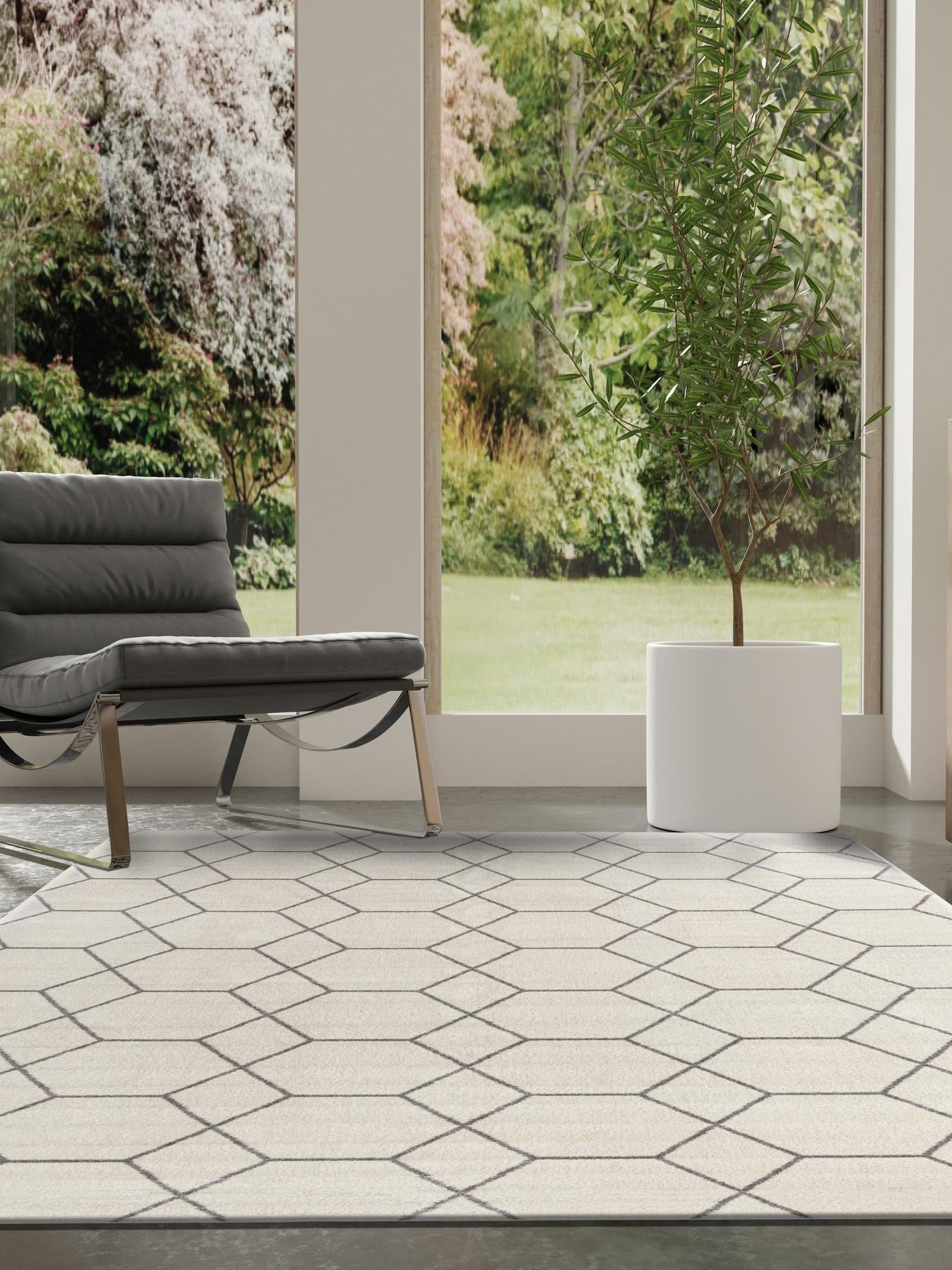 Ivory 4' 1 x 6' 1 Trellis Frieze Rectangle Area Rug Geometric Modern Unique Stain Resistant Easy Clean Carpet for Living, Dining, Bedrooms, Office for Sale at Rug Engine