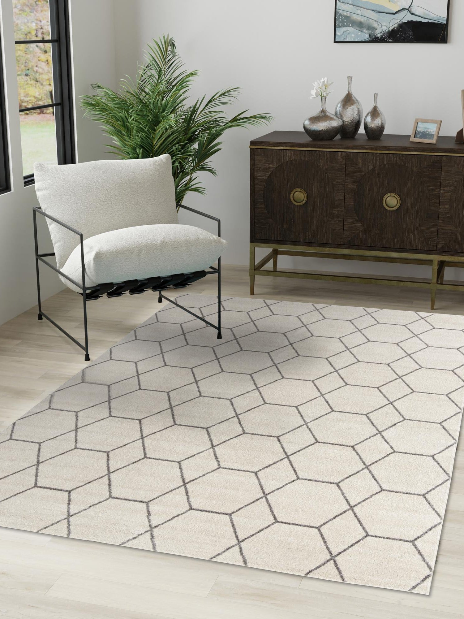 Ivory 7' 10 x 11' Trellis Frieze Rectangle Area Rug Geometric Modern Unique Stain Resistant Easy Clean Carpet for Living, Dining, Bedrooms, Office for Sale at Rug Engine
