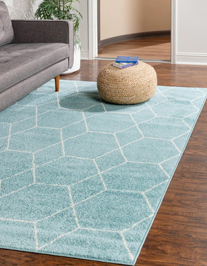 Light Blue 3' 1 x 5' 3 Trellis Frieze Rectangle Area Rug Geometric Modern Unique Stain Resistant Easy Clean Carpet for Living, Dining, Bedrooms, Office for Sale at Rug Engine