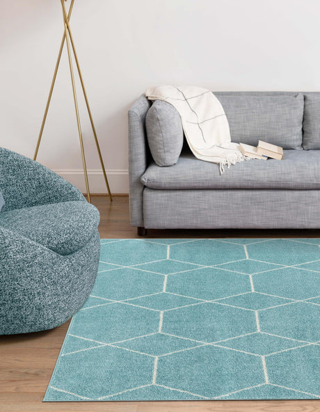 Light Blue 7' 10 x 11' Trellis Frieze Rectangle Area Rug Geometric Modern Unique Stain Resistant Easy Clean Carpet for Living, Dining, Bedrooms, Office for Sale at Rug Engine