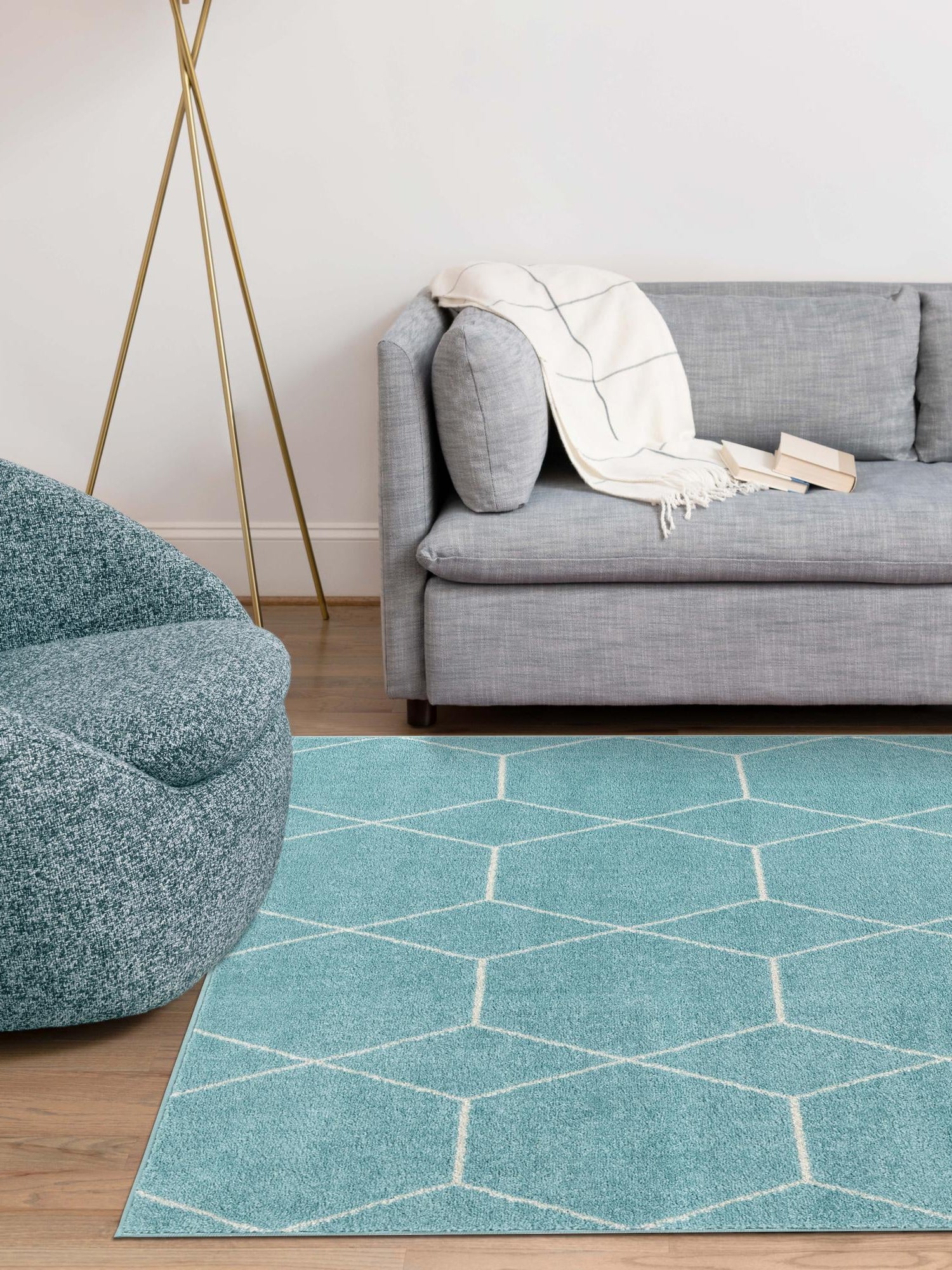 Light Blue 4' 1 x 6' 1 Trellis Frieze Rectangle Area Rug Geometric Modern Unique Stain Resistant Easy Clean Carpet for Living, Dining, Bedrooms, Office for Sale at Rug Engine