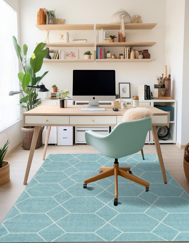 Light Blue 7' 10 x 11' Trellis Frieze Rectangle Area Rug Geometric Modern Unique Stain Resistant Easy Clean Carpet for Living, Dining, Bedrooms, Office for Sale at Rug Engine