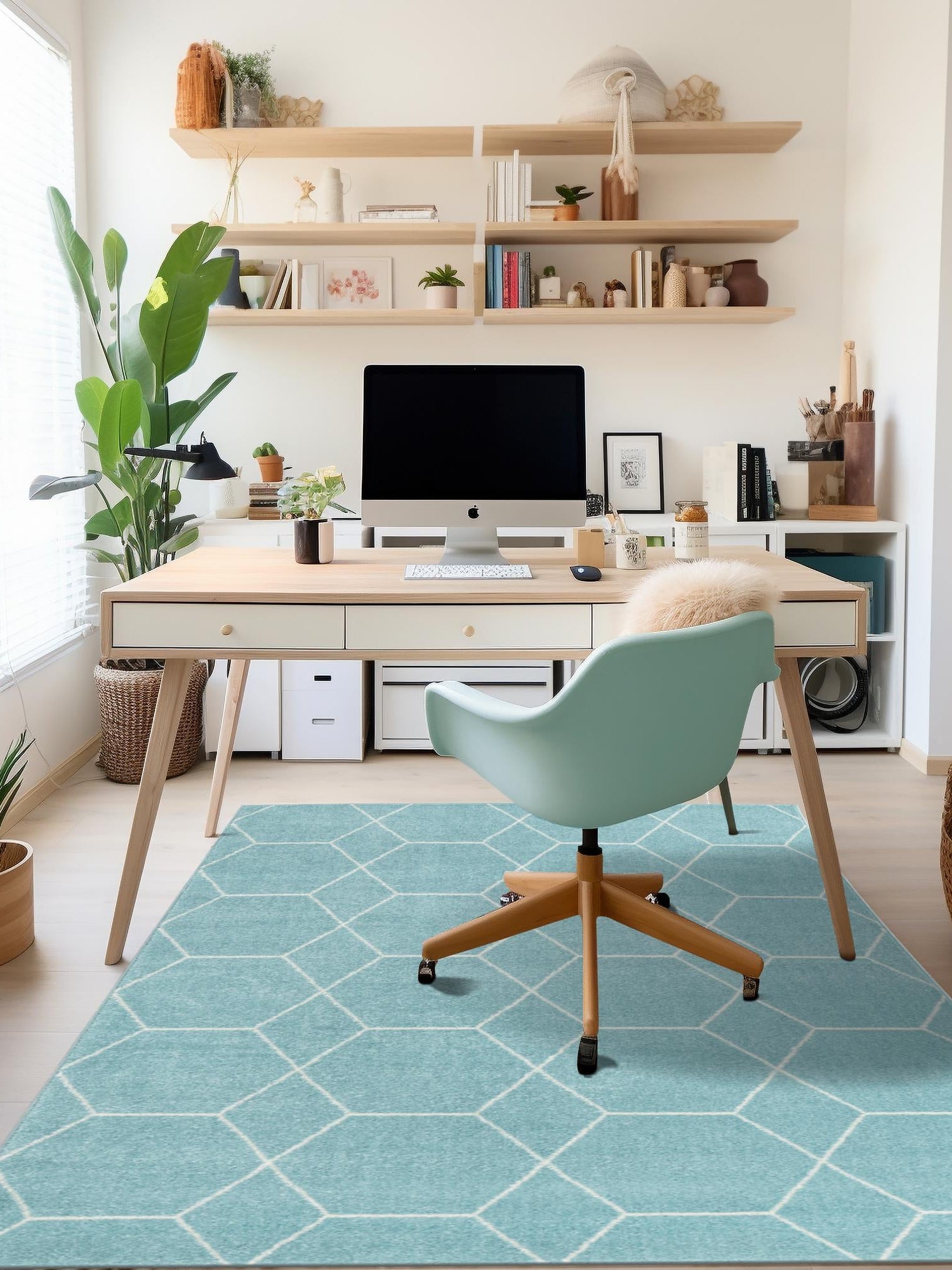 Light Blue 5' 3 x 8' Trellis Frieze Rectangle Area Rug Geometric Modern Unique Stain Resistant Easy Clean Carpet for Living, Dining, Bedrooms, Office for Sale at Rug Engine