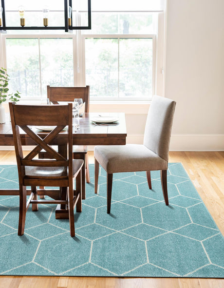 Light Blue 7' 10 x 11' Trellis Frieze Rectangle Area Rug Geometric Modern Unique Stain Resistant Easy Clean Carpet for Living, Dining, Bedrooms, Office for Sale at Rug Engine