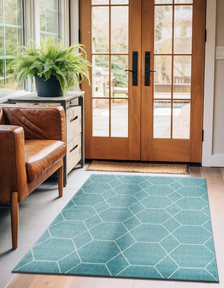 Light Blue 3' 1 x 5' 3 Trellis Frieze Rectangle Area Rug Geometric Modern Unique Stain Resistant Easy Clean Carpet for Living, Dining, Bedrooms, Office for Sale at Rug Engine