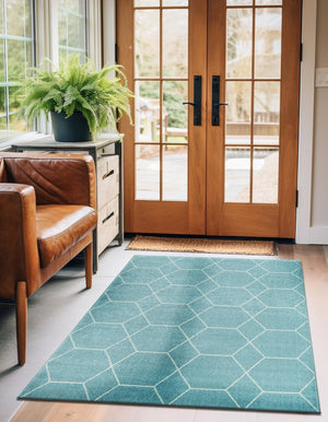 Light Blue 7' 10 x 11' Trellis Frieze Rectangle Area Rug Geometric Modern Unique Stain Resistant Easy Clean Carpet for Living, Dining, Bedrooms, Office for Sale at Rug Engine