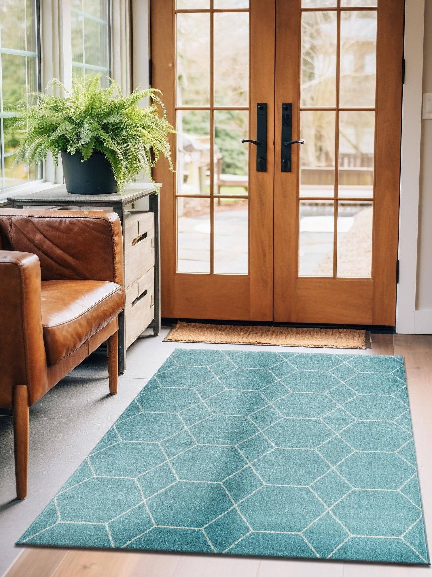 Light Blue 6' 1 x 9' Trellis Frieze Rectangle Area Rug Geometric Modern Unique Stain Resistant Easy Clean Carpet for Living, Dining, Bedrooms, Office for Sale at Rug Engine