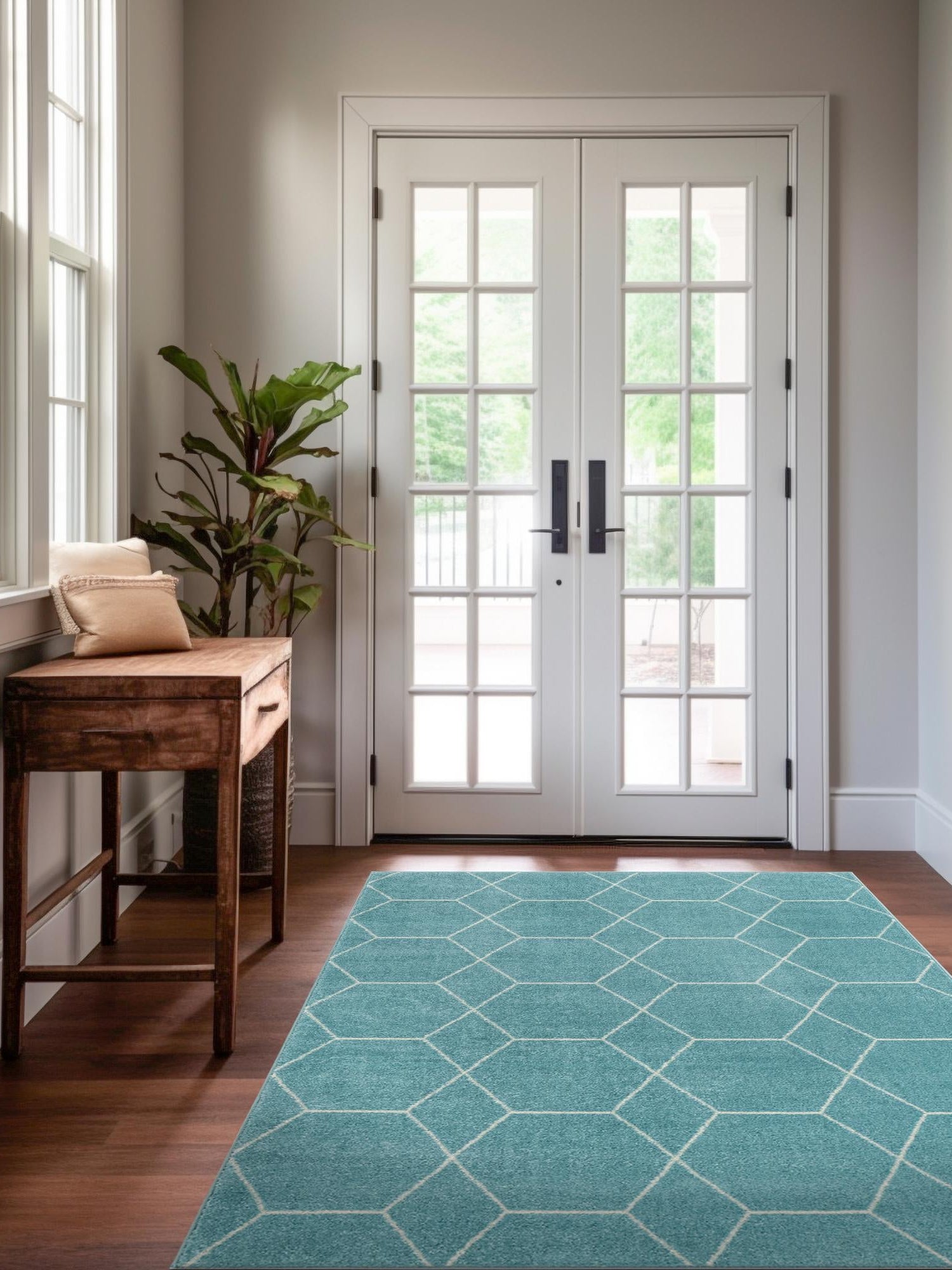 Light Blue 5' 3 x 8' Trellis Frieze Rectangle Area Rug Geometric Modern Unique Stain Resistant Easy Clean Carpet for Living, Dining, Bedrooms, Office for Sale at Rug Engine