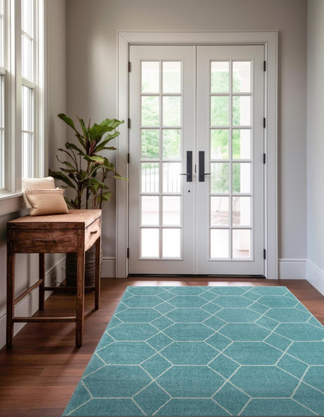 Light Blue 7' 10 x 11' Trellis Frieze Rectangle Area Rug Geometric Modern Unique Stain Resistant Easy Clean Carpet for Living, Dining, Bedrooms, Office for Sale at Rug Engine