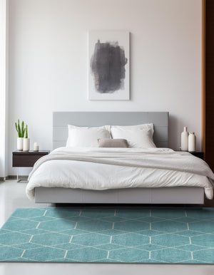 Light Blue 7' 10 x 11' Trellis Frieze Rectangle Area Rug Geometric Modern Unique Stain Resistant Easy Clean Carpet for Living, Dining, Bedrooms, Office for Sale at Rug Engine