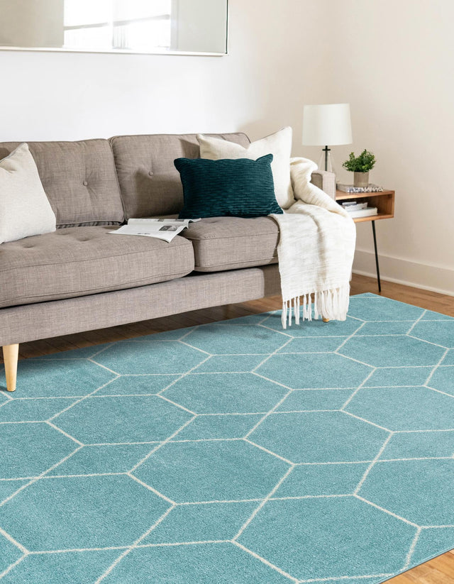 Light Blue 7' 10 x 11' Trellis Frieze Rectangle Area Rug Geometric Modern Unique Stain Resistant Easy Clean Carpet for Living, Dining, Bedrooms, Office for Sale at Rug Engine
