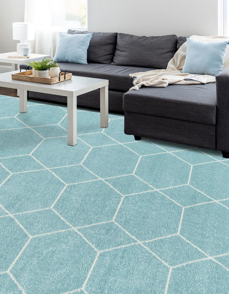 Light Blue 7' 10 x 11' Trellis Frieze Rectangle Area Rug Geometric Modern Unique Stain Resistant Easy Clean Carpet for Living, Dining, Bedrooms, Office for Sale at Rug Engine