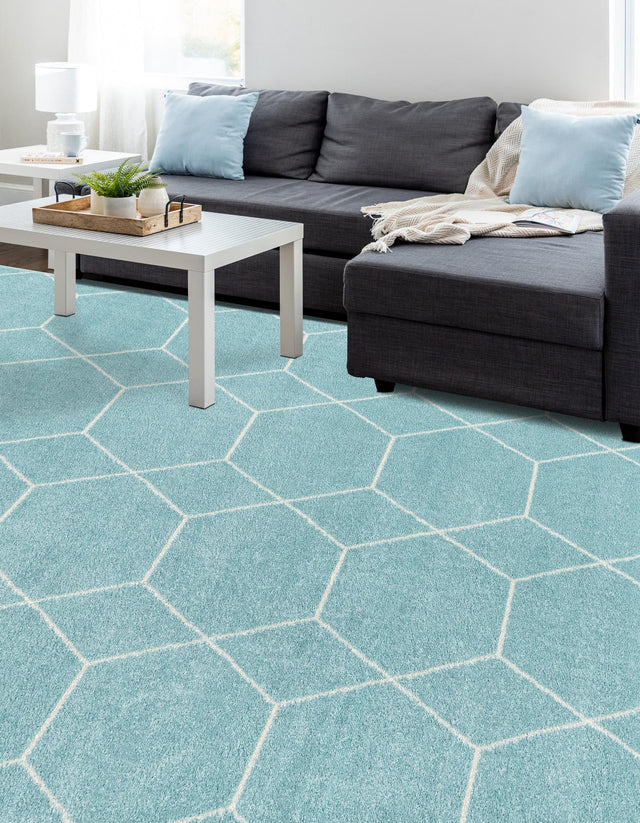 Light Blue 7' 10 x 11' Trellis Frieze Rectangle Area Rug Geometric Modern Unique Stain Resistant Easy Clean Carpet for Living, Dining, Bedrooms, Office for Sale at Rug Engine