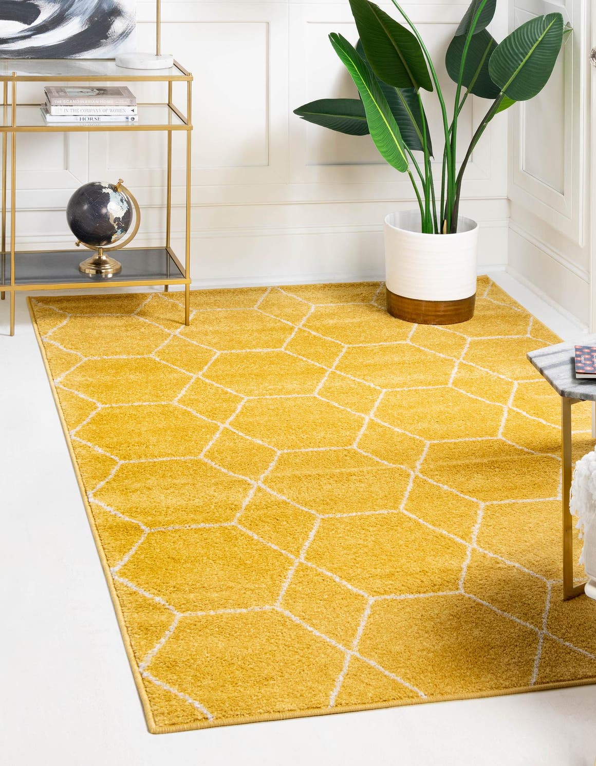 Yellow 4' 1 x 6' 1 Trellis Frieze Rectangle Area Rug Geometric Modern Unique Stain Resistant Easy Clean Carpet for Living, Dining, Bedrooms, Office for Sale at Rug Engine