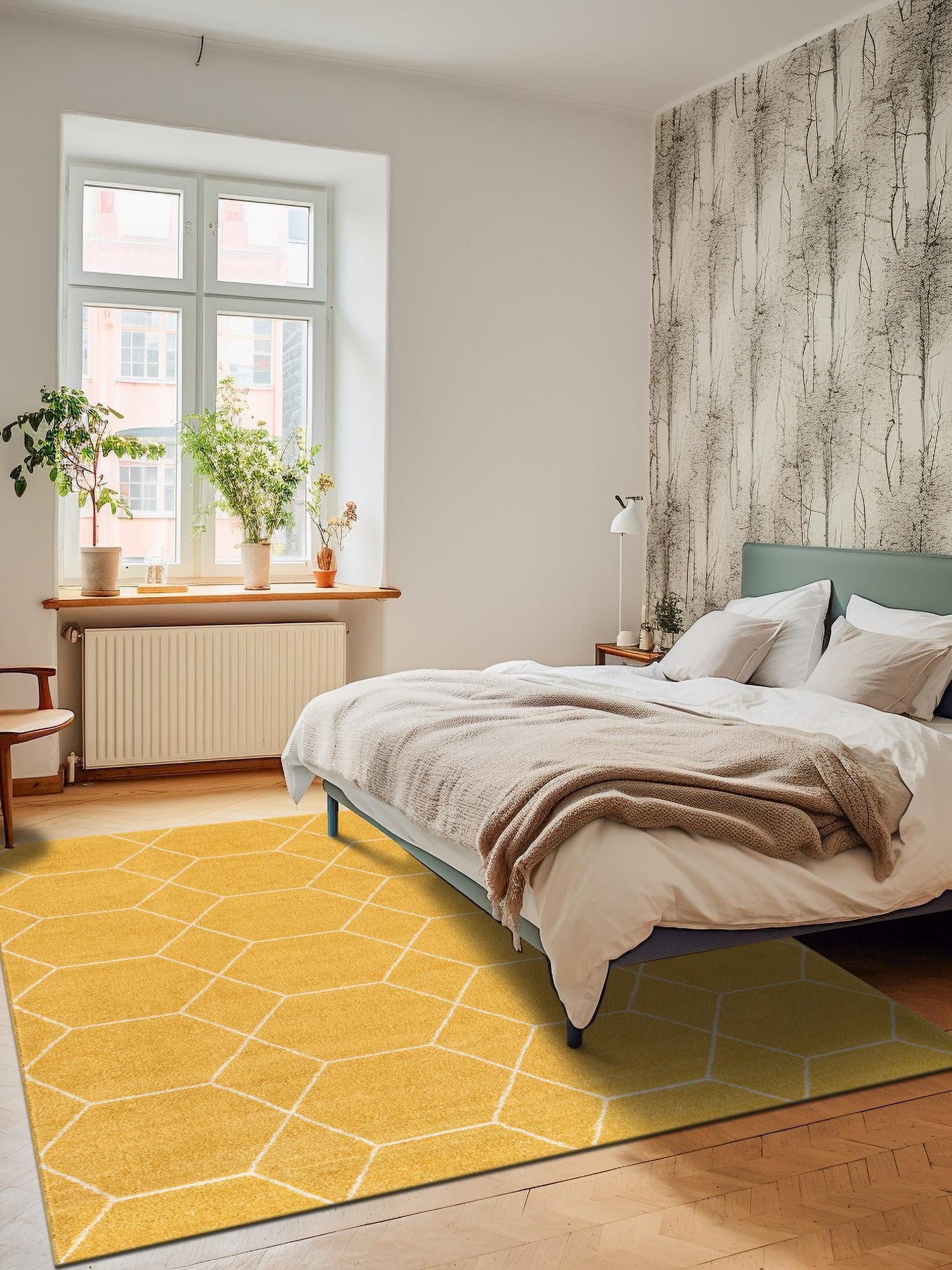 Yellow 4' 1 x 6' 1 Trellis Frieze Rectangle Area Rug Geometric Modern Unique Stain Resistant Easy Clean Carpet for Living, Dining, Bedrooms, Office for Sale at Rug Engine