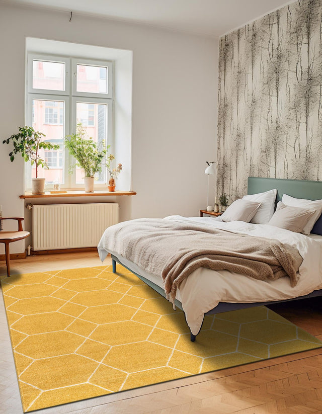 Yellow 4' 1 x 6' 1 Trellis Frieze Rectangle Area Rug Geometric Modern Unique Stain Resistant Easy Clean Carpet for Living, Dining, Bedrooms, Office for Sale at Rug Engine
