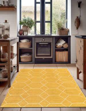 Yellow 4' 1 x 6' 1 Trellis Frieze Rectangle Area Rug Geometric Modern Unique Stain Resistant Easy Clean Carpet for Living, Dining, Bedrooms, Office for Sale at Rug Engine