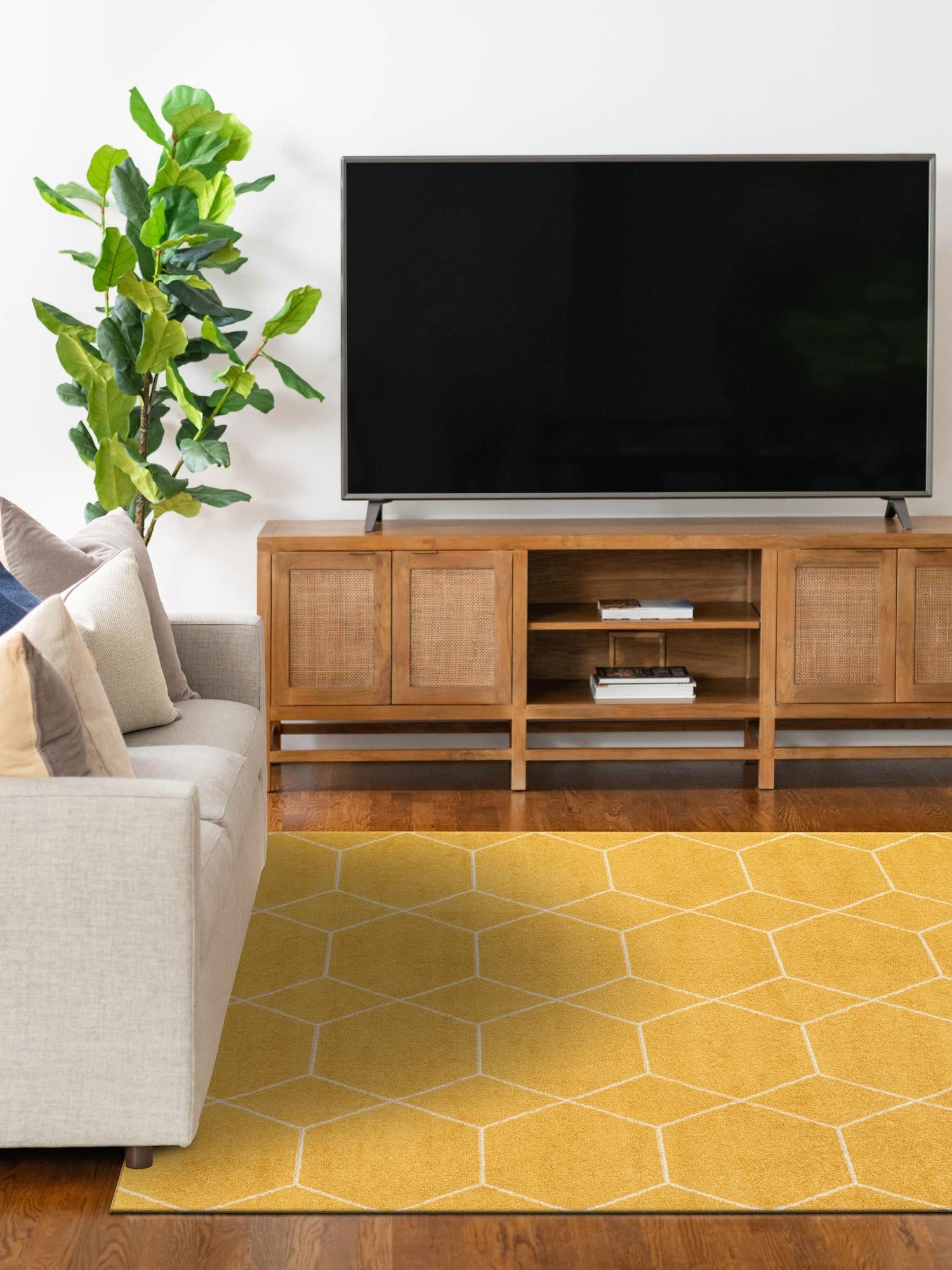 Yellow 4' 1 x 6' 1 Trellis Frieze Rectangle Area Rug Geometric Modern Unique Stain Resistant Easy Clean Carpet for Living, Dining, Bedrooms, Office for Sale at Rug Engine