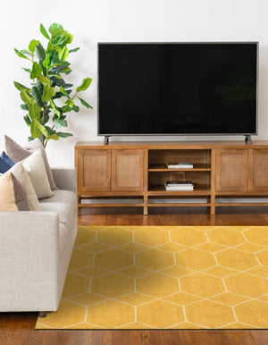 Yellow 4' 1 x 6' 1 Trellis Frieze Rectangle Area Rug Geometric Modern Unique Stain Resistant Easy Clean Carpet for Living, Dining, Bedrooms, Office for Sale at Rug Engine
