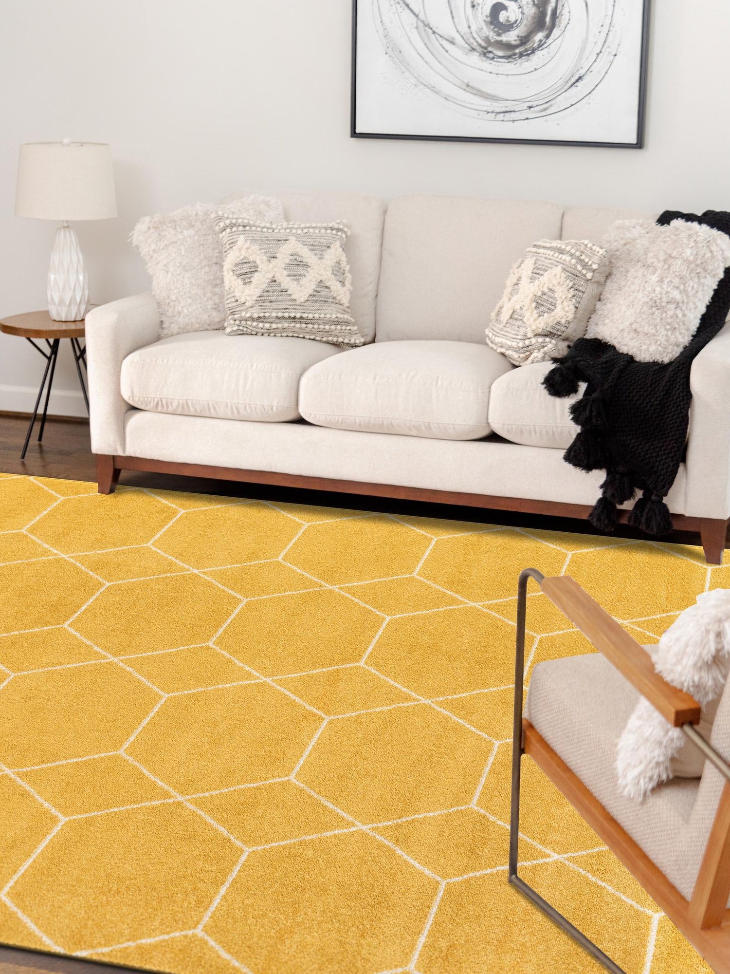 Yellow 6' 1 x 9' Trellis Frieze Rectangle Area Rug Geometric Modern Unique Stain Resistant Easy Clean Carpet for Living, Dining, Bedrooms, Office for Sale at Rug Engine