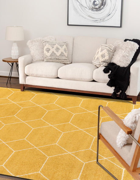 Yellow 7' 1 x 10' Trellis Frieze Rectangle Area Rug Geometric Modern Unique Stain Resistant Easy Clean Carpet for Living, Dining, Bedrooms, Office for Sale at Rug Engine