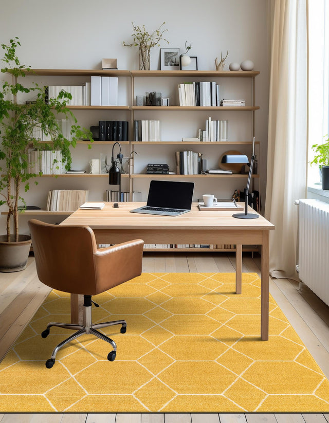 Yellow 7' 1 x 10' Trellis Frieze Rectangle Area Rug Geometric Modern Unique Stain Resistant Easy Clean Carpet for Living, Dining, Bedrooms, Office for Sale at Rug Engine