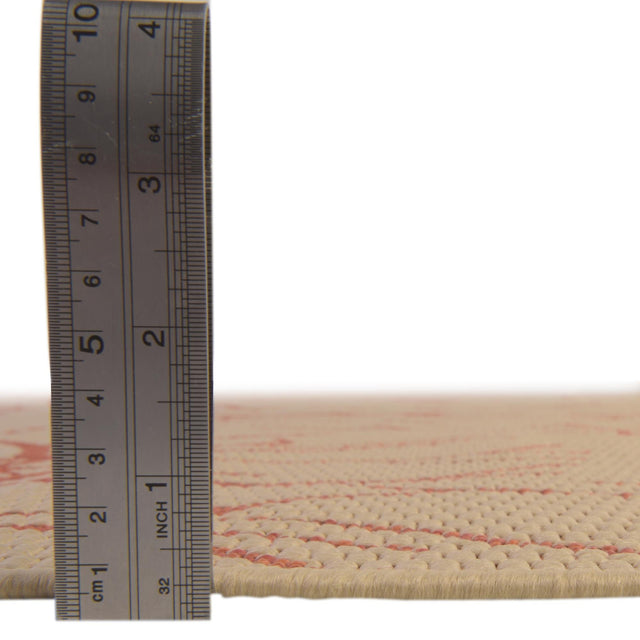 Beige and Terracotta 6' x 6' Outdoor Botanical Round Rug