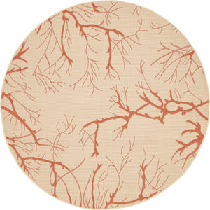 Beige and Terracotta 6' x 6' Outdoor Botanical Round Rug