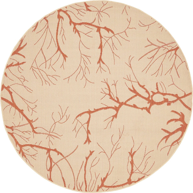 Beige and Terracotta 6' x 6' Outdoor Botanical Round Rug