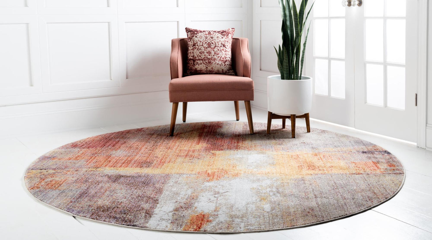 Multicolor 8' x 8' Jill Zarin Downtown Round Area Rug 100% Polyester (Space-Dyed Yarn) Abstract Modern Colorful Vivid Carpet for Home Interior Design for Sale at Rug Engine