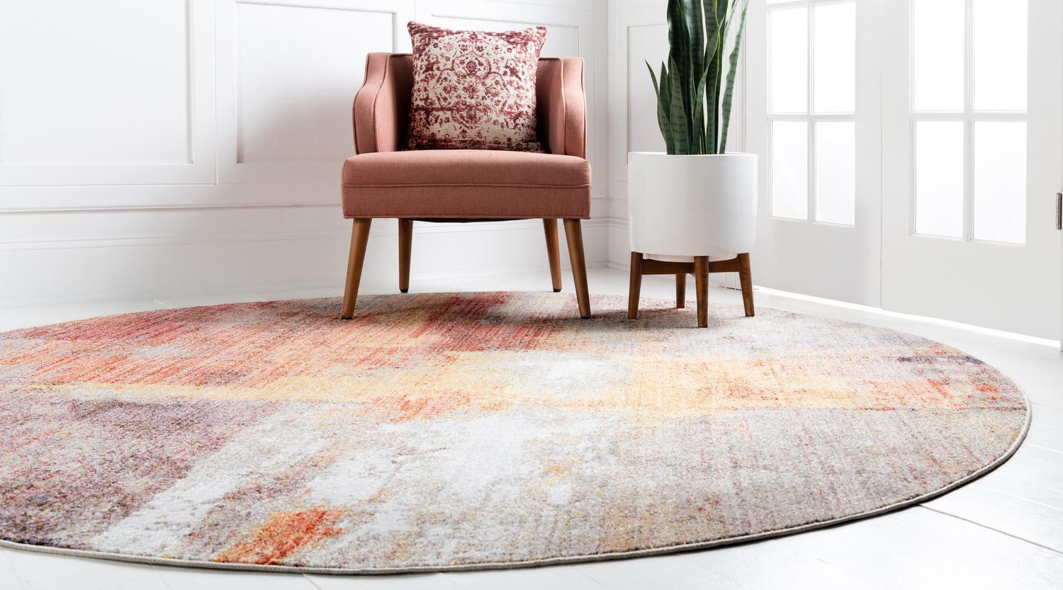Multicolor 8' x 8' Jill Zarin Downtown Round Area Rug 100% Polyester (Space-Dyed Yarn) Abstract Modern Colorful Vivid Carpet for Home Interior Design for Sale at Rug Engine