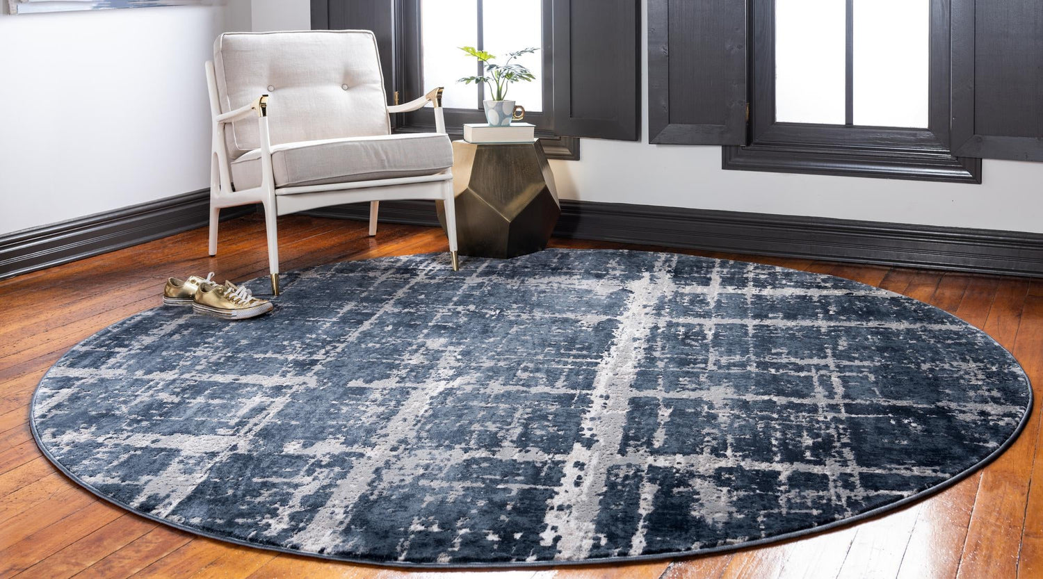 Navy Blue 5' 3 x 5' 3 Jill Zarin Uptown Round Area Rug 70% Polypropylene & 30% Polyester  Contemporary Carpet for Living, Dining, Office, Bedroom for Sale at Rug Engine