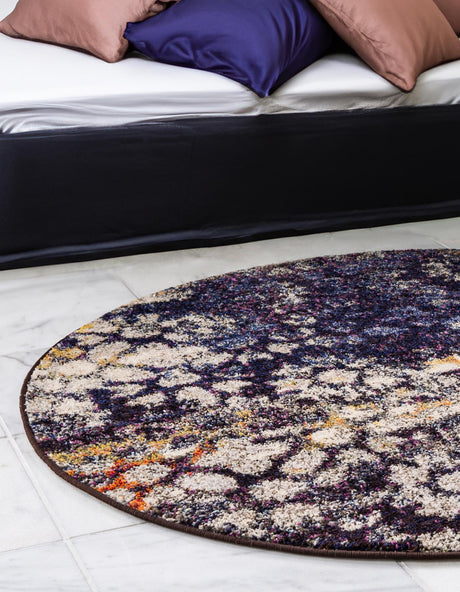 Navy Blue 4' 1 x 4' 1 Vita Round Area Rug Colorful Vivid Vintage Style Modern Indoor Easy Clean Durable Carpet Mat for Home Interior Design for Sale at Rug Engine