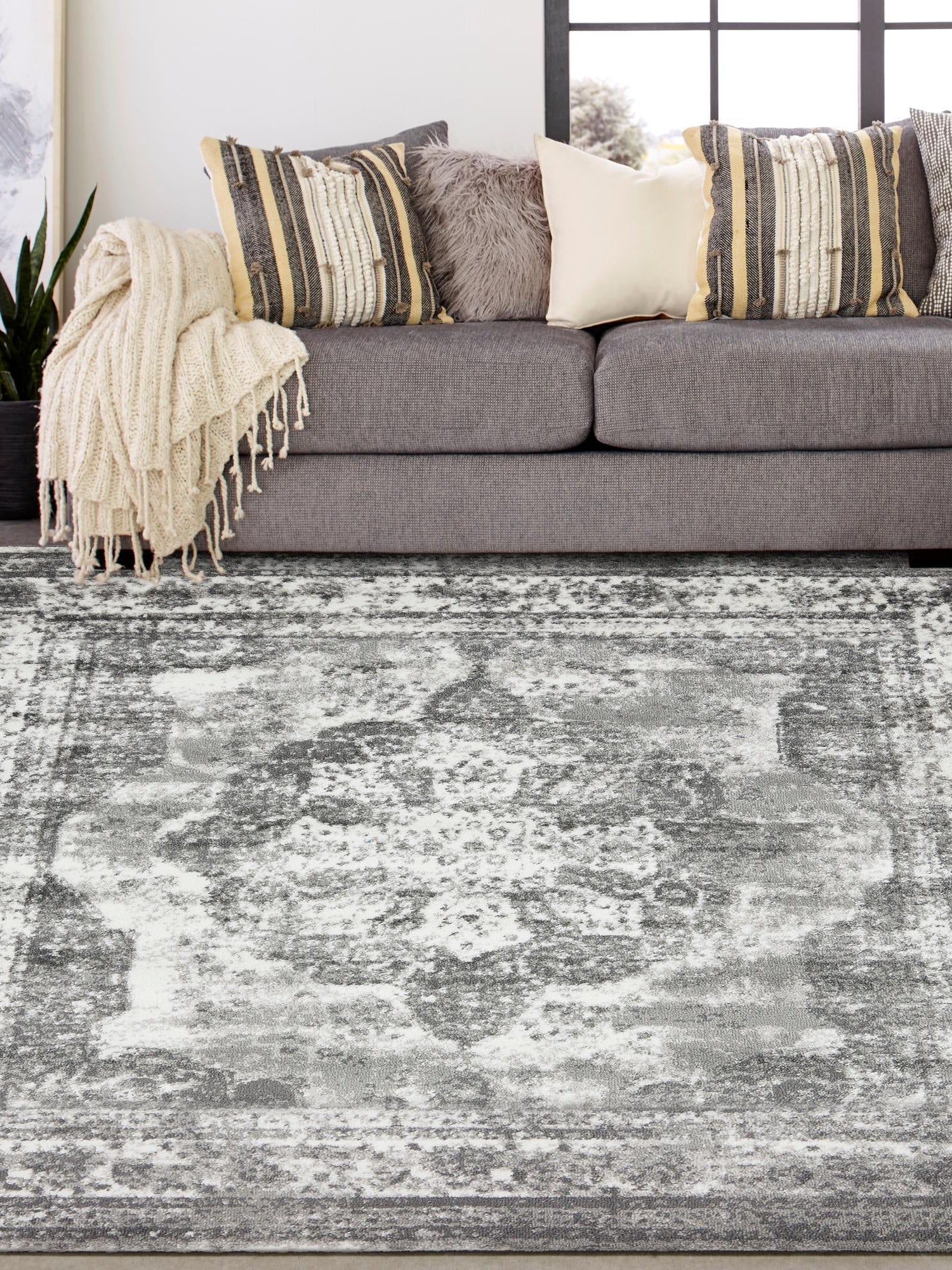 Gray 5' 3 x 5' 3 Sofia Square Area Rug Durable Easy Clean Stain Resistant Unique Carpet for Affordable Interior Home Design for Sale at Rug Engine