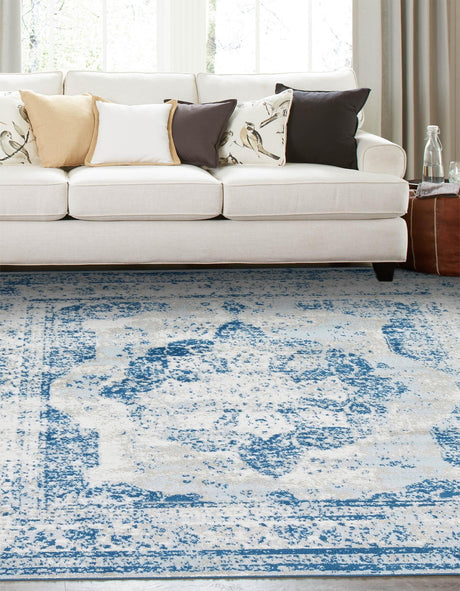 Blue 7' 10 x 7' 10 Sofia Square Area Rug Durable Easy Clean Stain Resistant Unique Carpet for Affordable Interior Home Design for Sale at Rug Engine
