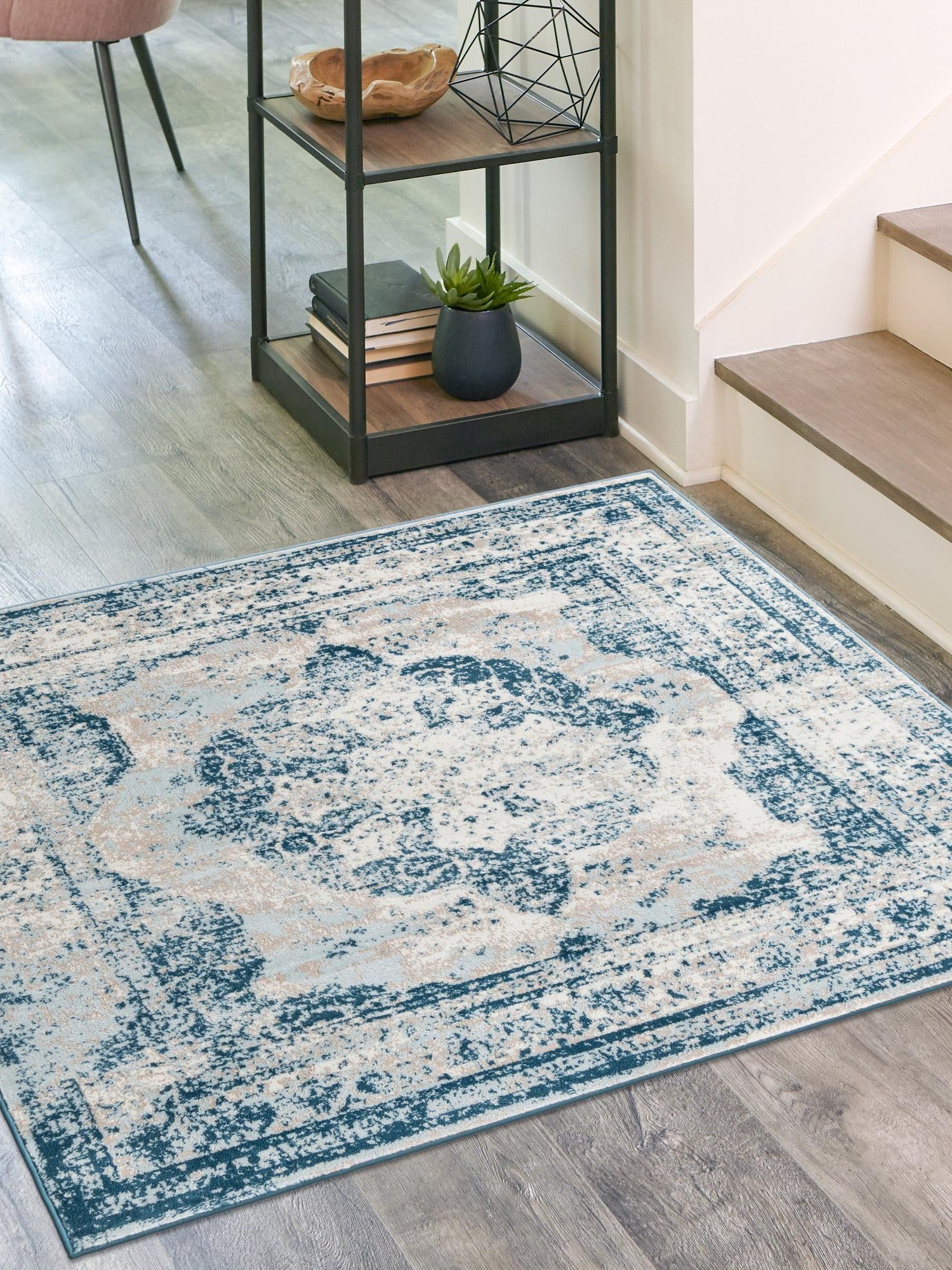 Blue 7' 10 x 7' 10 Sofia Square Area Rug Durable Easy Clean Stain Resistant Unique Carpet for Affordable Interior Home Design for Sale at Rug Engine