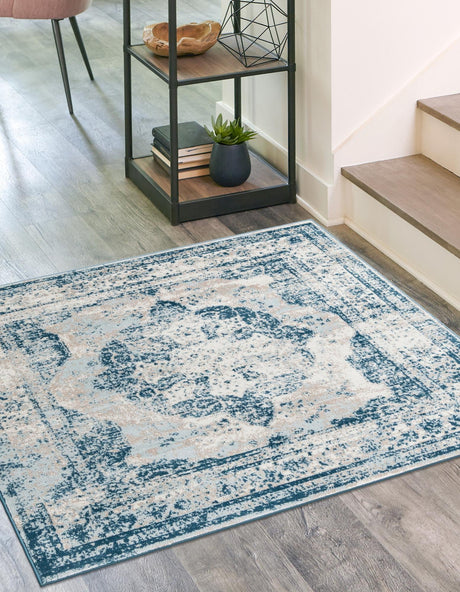 Blue 7' 10 x 7' 10 Sofia Square Area Rug Durable Easy Clean Stain Resistant Unique Carpet for Affordable Interior Home Design for Sale at Rug Engine