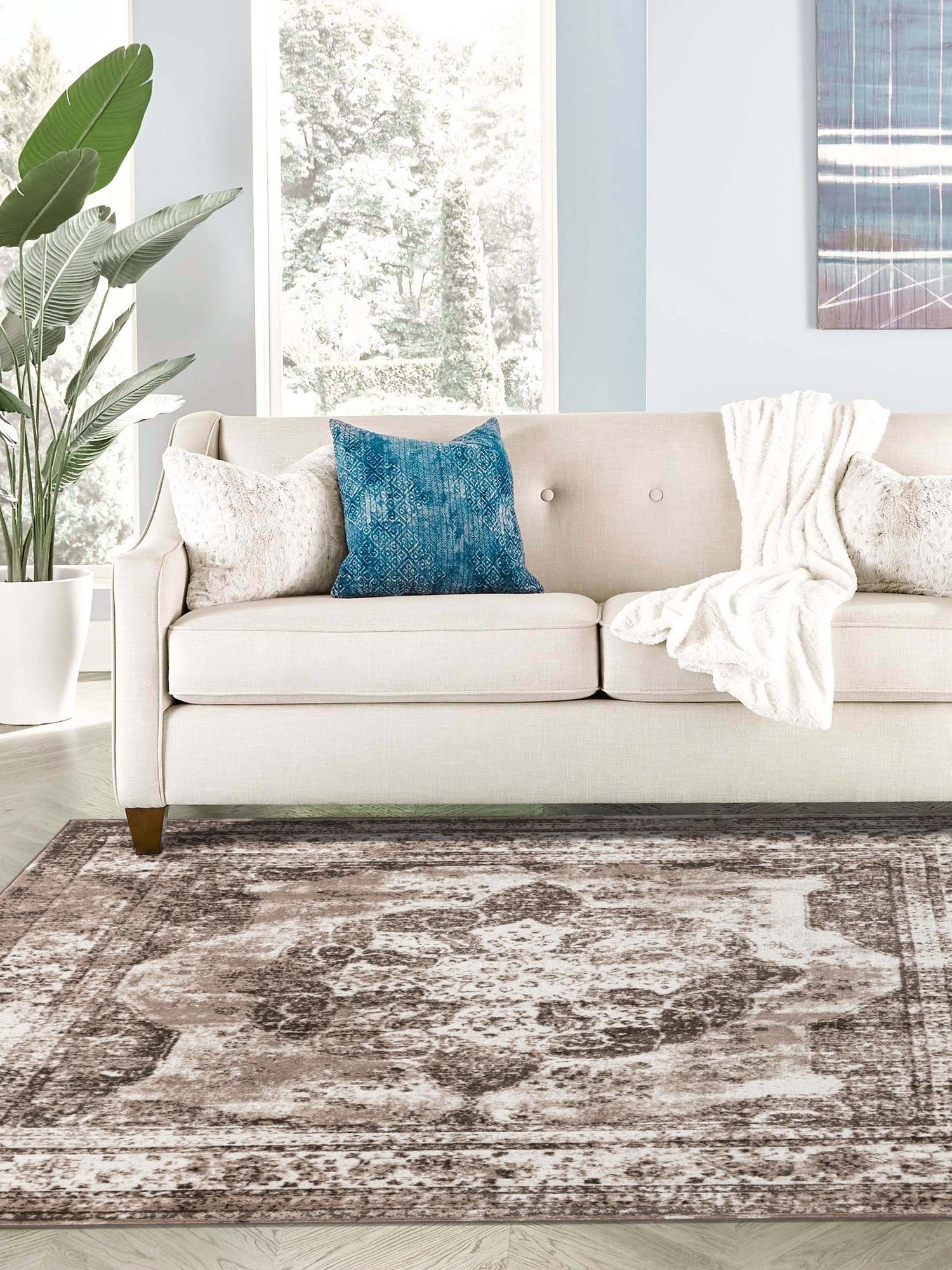 Light Brown 7' 10 x 7' 10 Sofia Square Area Rug Durable Easy Clean Stain Resistant Unique Carpet for Affordable Interior Home Design for Sale at Rug Engine