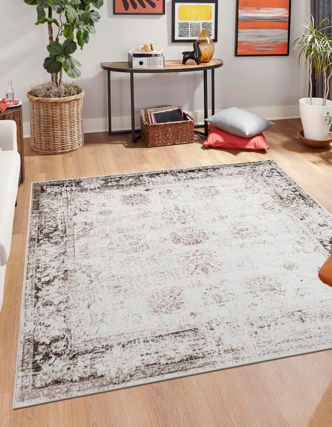 Beige 7' 10 x 7' 10 Sofia Square Area Rug Durable Easy Clean Stain Resistant Unique Carpet for Affordable Interior Home Design for Sale at Rug Engine