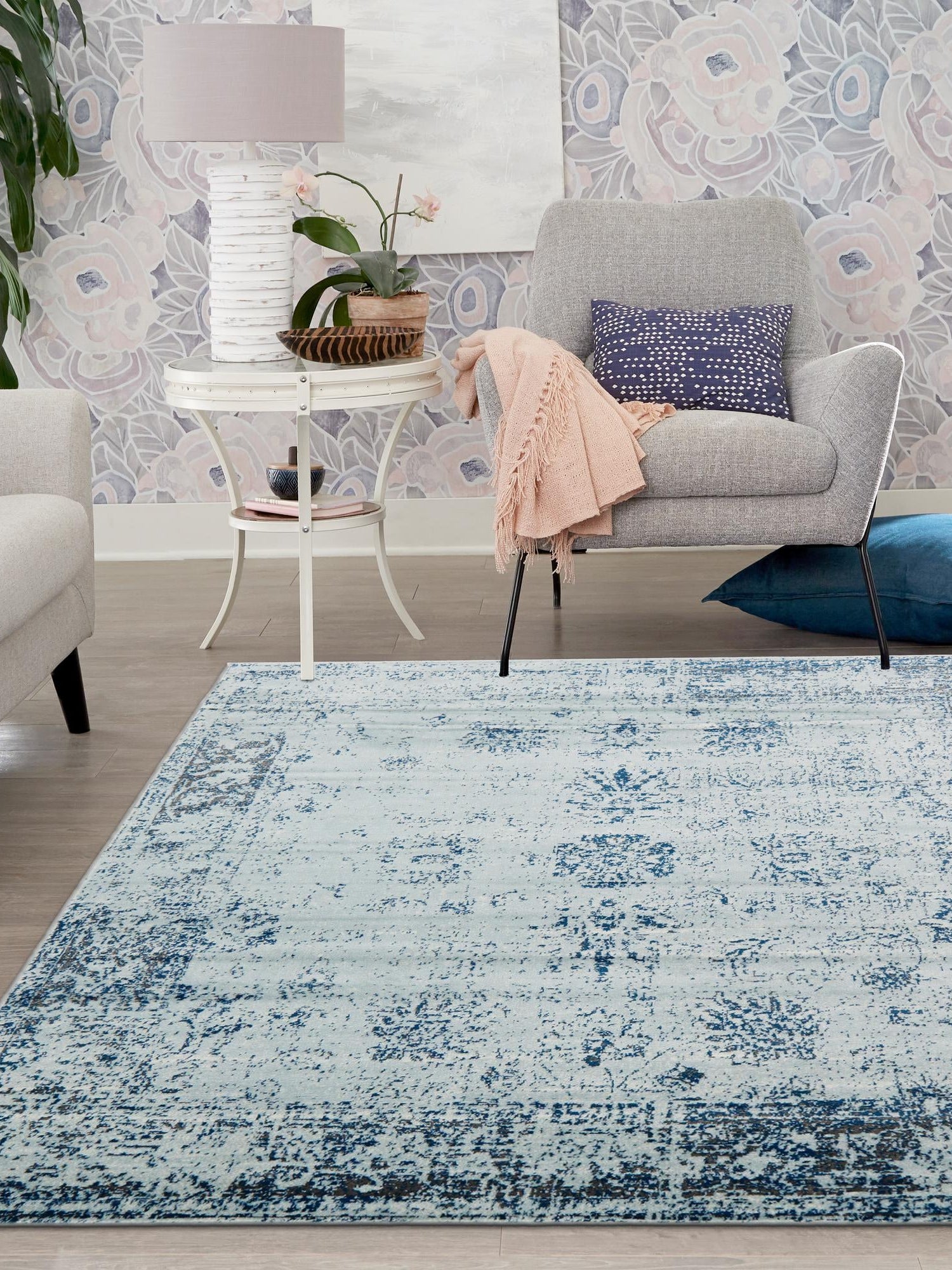 Light Blue 7' 10 x 7' 10 Sofia Square Area Rug Durable Easy Clean Stain Resistant Unique Carpet for Affordable Interior Home Design for Sale at Rug Engine
