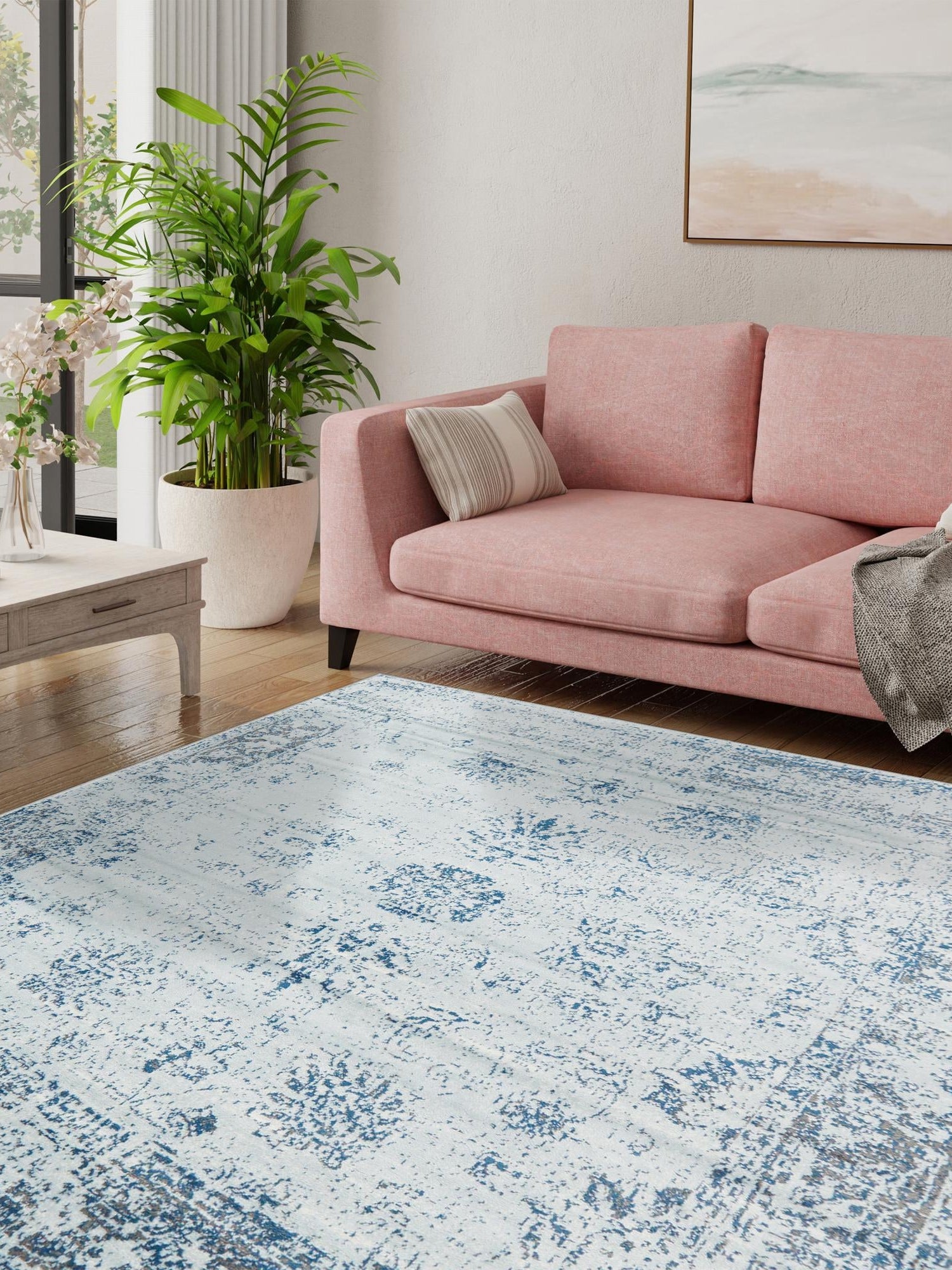Light Blue 7' 10 x 7' 10 Sofia Square Area Rug Durable Easy Clean Stain Resistant Unique Carpet for Affordable Interior Home Design for Sale at Rug Engine