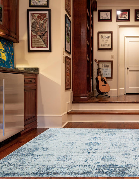Light Blue 7' 10 x 7' 10 Sofia Square Area Rug Durable Easy Clean Stain Resistant Unique Carpet for Affordable Interior Home Design for Sale at Rug Engine