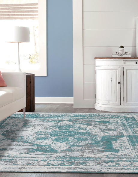 Turquoise 7' 10 x 7' 10 Sofia Square Area Rug Durable Easy Clean Stain Resistant Unique Carpet for Affordable Interior Home Design for Sale at Rug Engine