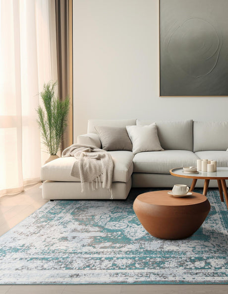 Turquoise 7' 10 x 7' 10 Sofia Square Area Rug Durable Easy Clean Stain Resistant Unique Carpet for Affordable Interior Home Design for Sale at Rug Engine