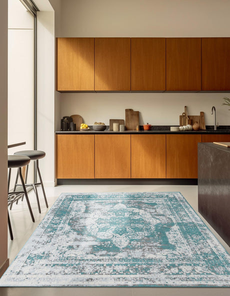 Turquoise 7' 10 x 7' 10 Sofia Square Area Rug Durable Easy Clean Stain Resistant Unique Carpet for Affordable Interior Home Design for Sale at Rug Engine