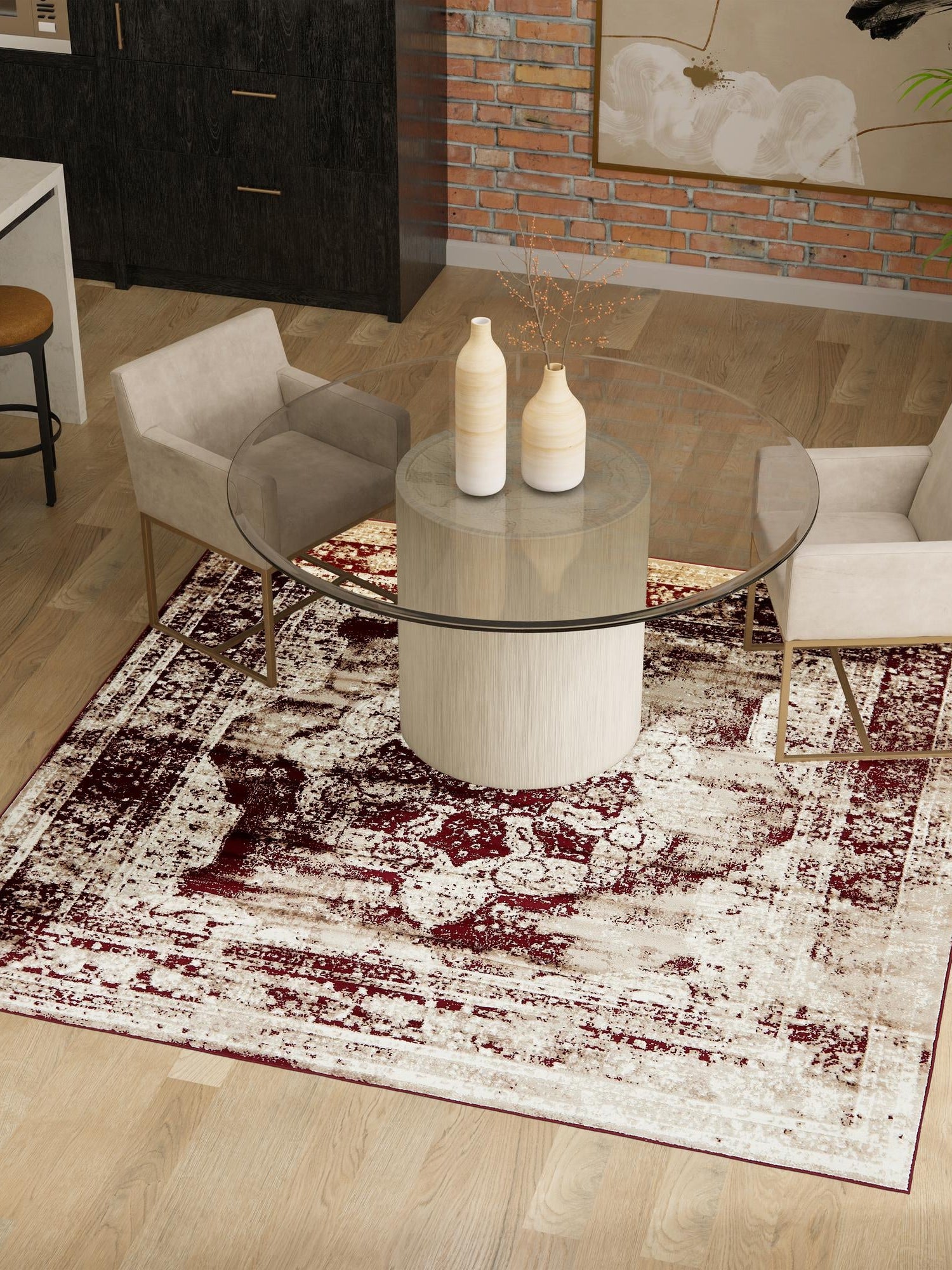 Burgundy 7' 10 x 7' 10 Sofia Square Area Rug Durable Easy Clean Stain Resistant Unique Carpet for Affordable Interior Home Design for Sale at Rug Engine