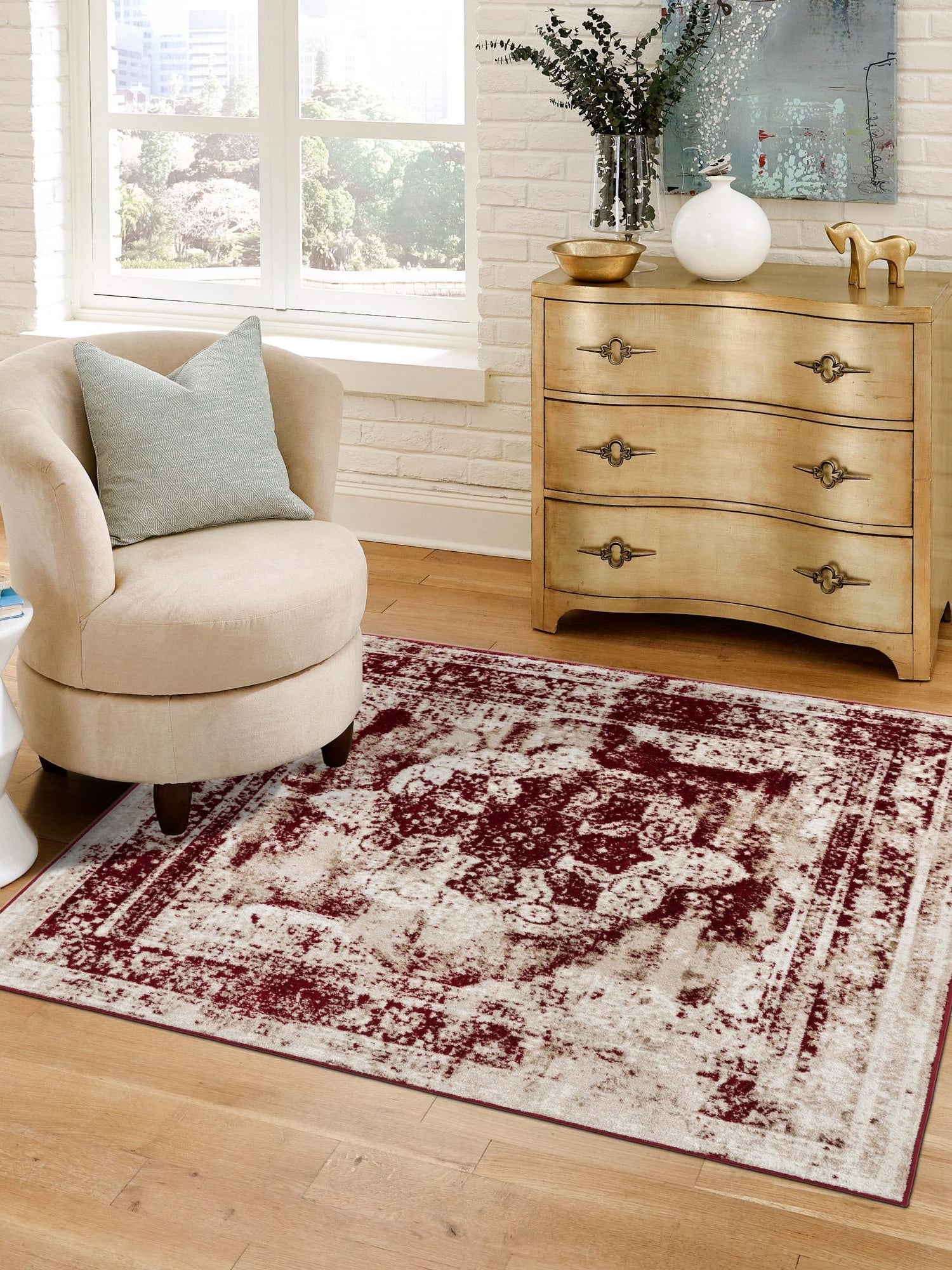 Burgundy 7' 10 x 7' 10 Sofia Square Area Rug Durable Easy Clean Stain Resistant Unique Carpet for Affordable Interior Home Design for Sale at Rug Engine