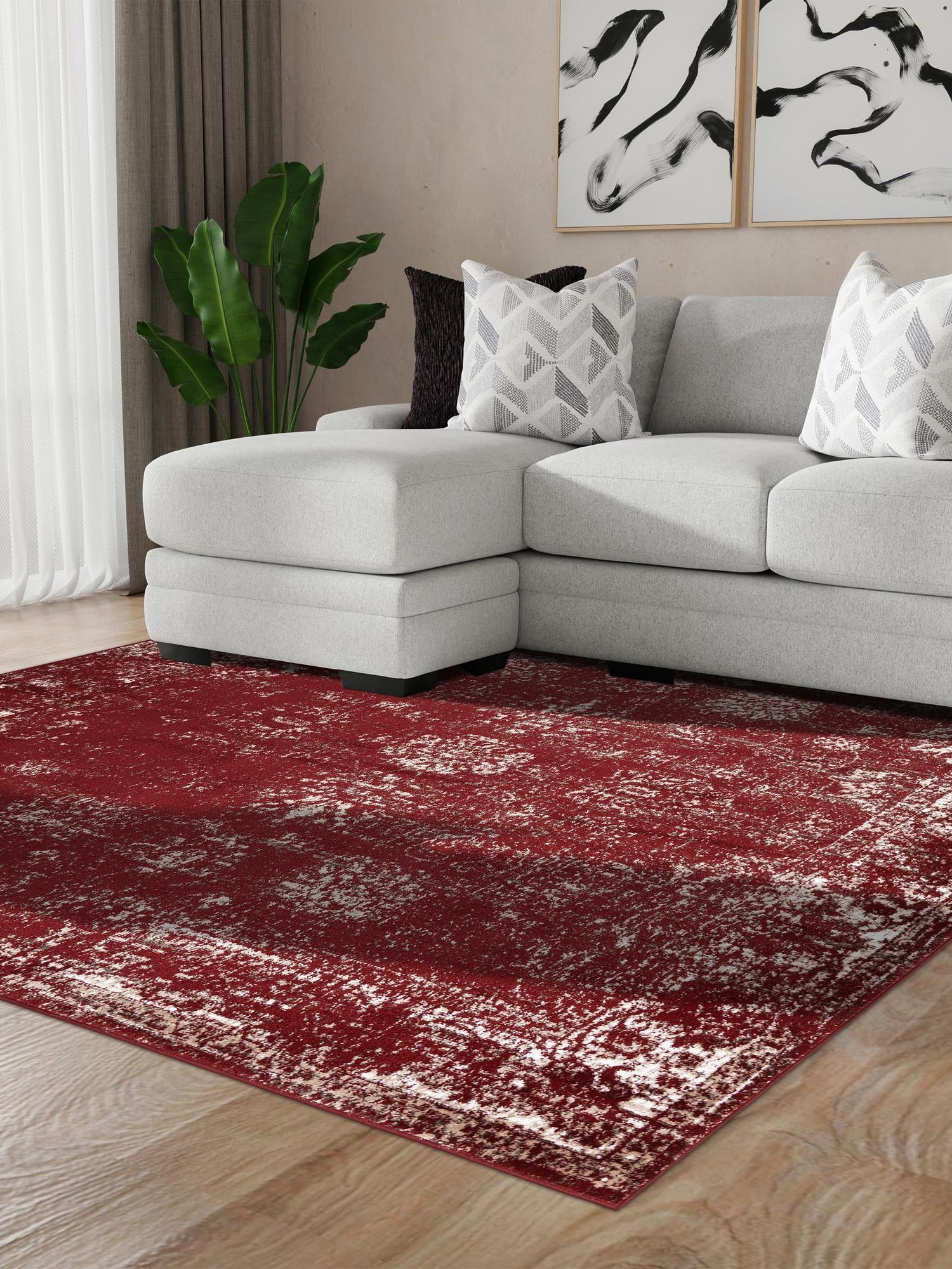 Burgundy 7' 10 x 7' 10 Sofia Square Area Rug Durable Easy Clean Stain Resistant Unique Carpet for Affordable Interior Home Design for Sale at Rug Engine